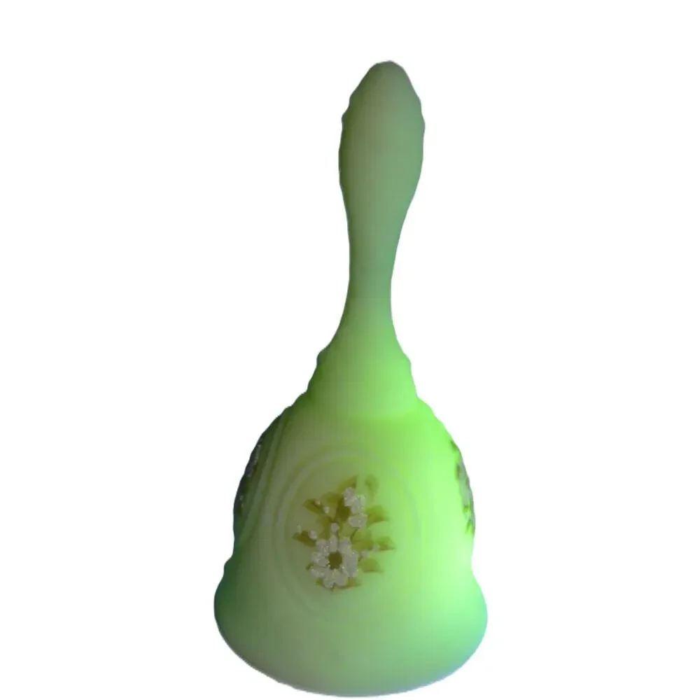 Vintage Fenton Uranium Glass Bell Clapper Hand-Painted Floral Signed S. Fisher